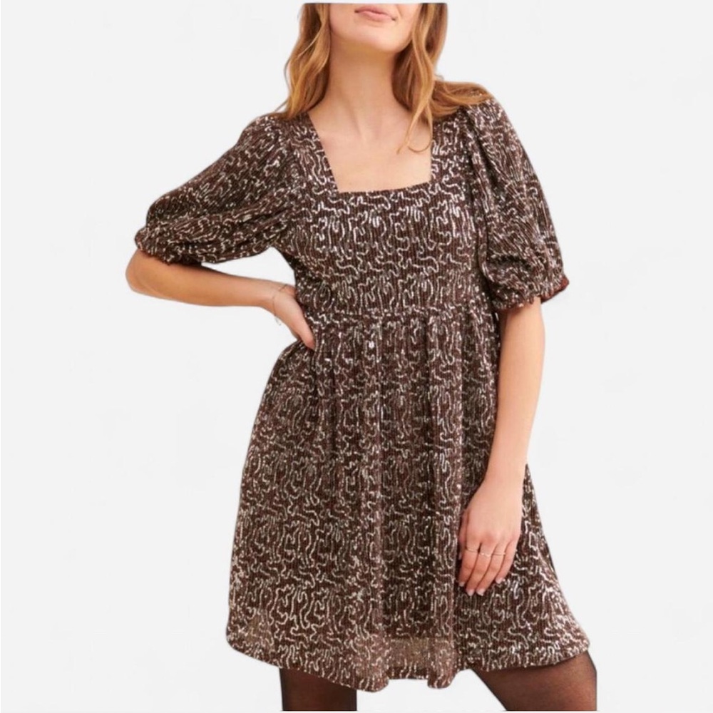 Moon River Silver Sequin Babydoll Brown Mini Dress Size Small NWOT